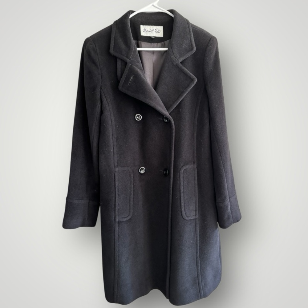 Vintage Marshall Fields Angora Wool Black Double Breasted Long Dress Coat